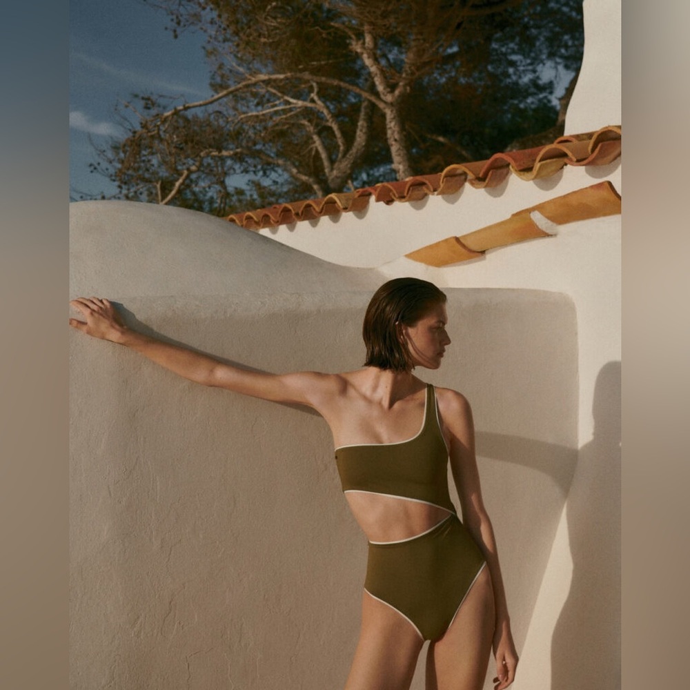 Massimo Dutti Khaki Green One-Shoulder Bikini/Bathing Suit
